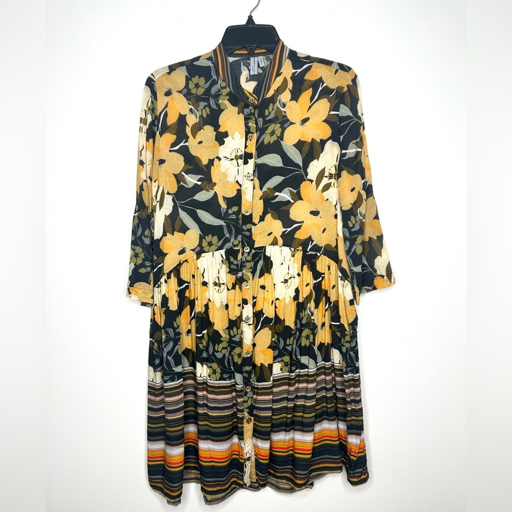 Anthropologie Blink London Floral Shirt Dress XS Black/Blue Gold Roll Tab Sleeve
